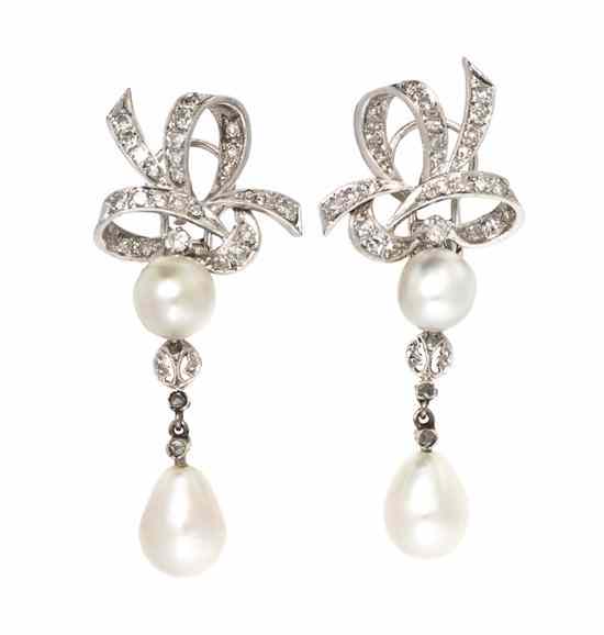 Appraisal: A Pair of White Gold Diamond and Natural Pearl Earclips