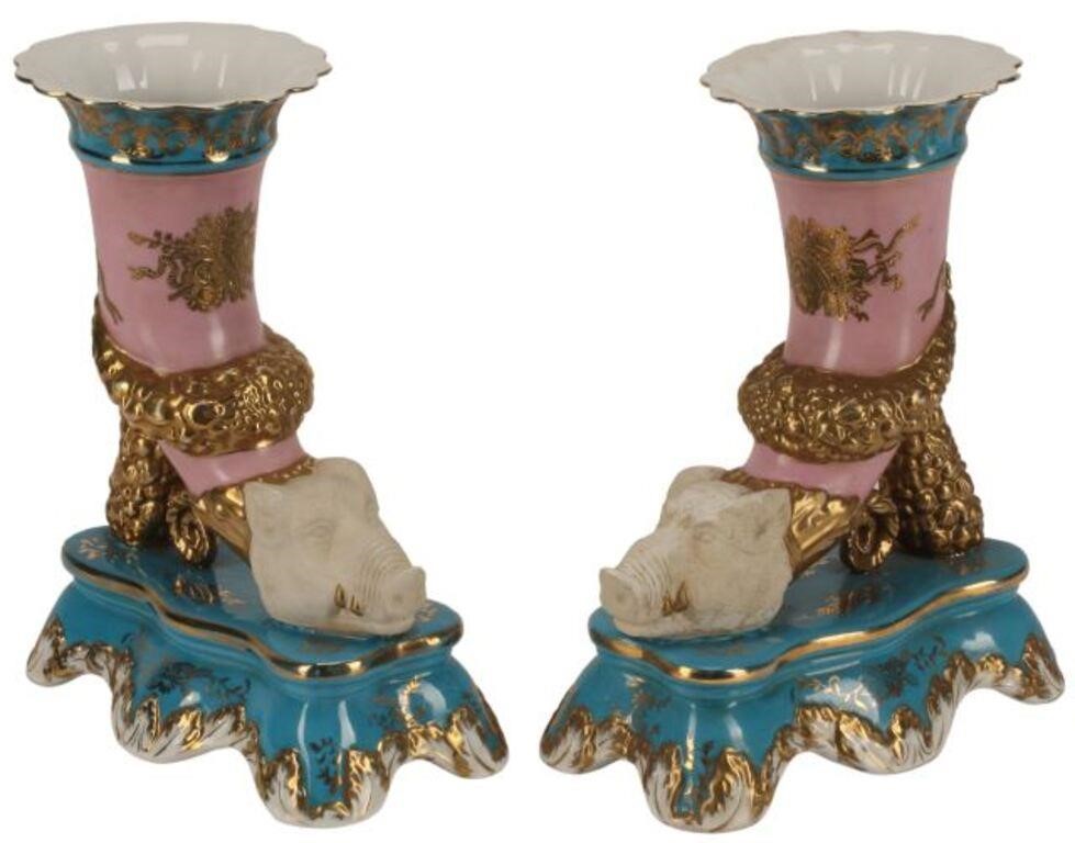 Appraisal: SEVRES STYLE PORCELAIN RHYTON-FORM VASES pair Sevres style biscuit porcelain