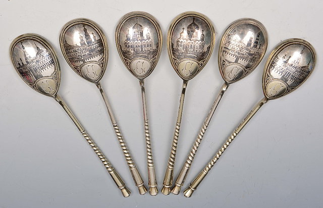 Appraisal: Set of six Russian silver tea spoonswith twisted stems gilt