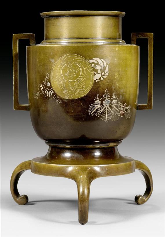 Appraisal: A FINE SILVER INLAID BRONZE IKEBANA VASE Japan Meiji period