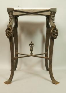 Appraisal: Cast Iron Art Deco Metal Side Table Marble top Faces