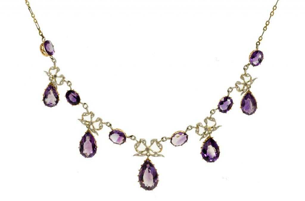 Appraisal: A BELLE EPOQUE AMETHYST AND DIAMOND NECKLACE with five pear