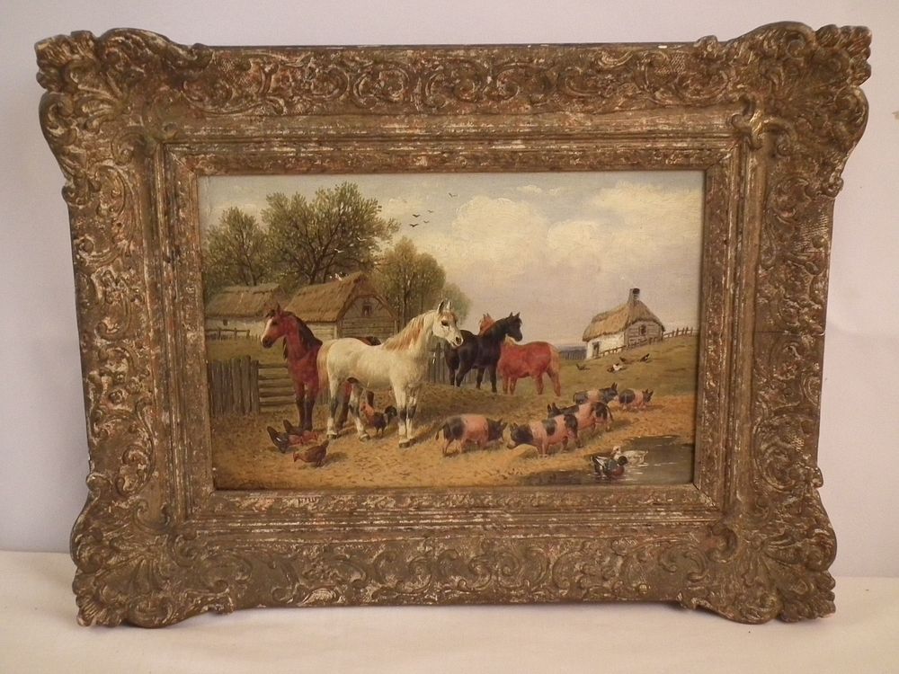 Appraisal: JF HERRING BARNYARD PAINTING Old oil painting on wood panel