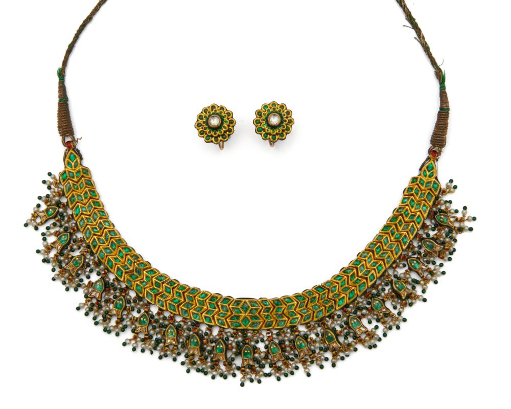 Appraisal: Indian High Karat Gold Enamel Emerald and Diamond Necklace and