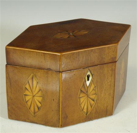 Appraisal: A George III inlaid mahogany tea caddy of hexagonal form