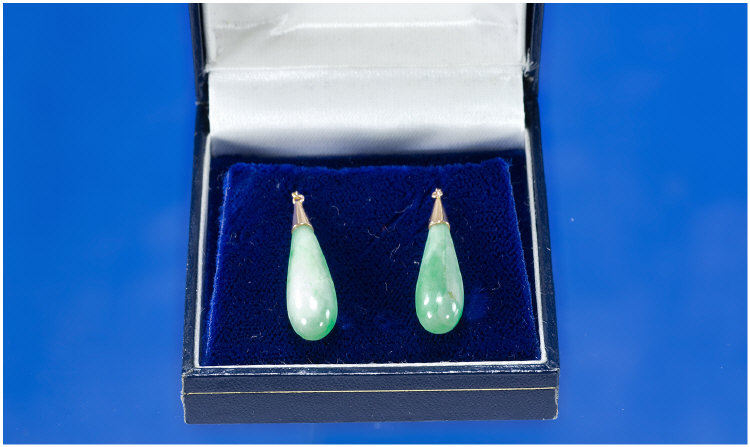 Appraisal: Early thC Pear Shaped Jade Earring Drops On ct Gold