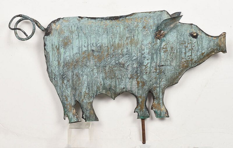 Appraisal: American Copper Pig Weathervane on Stand th century molded patinated