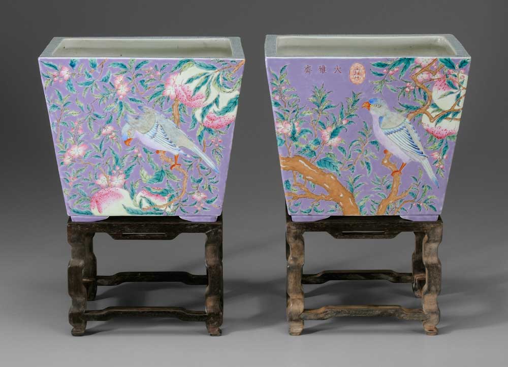 Appraisal: Pair Purple-Ground Porcelain Jardini res Chinese rectangular with angled sides