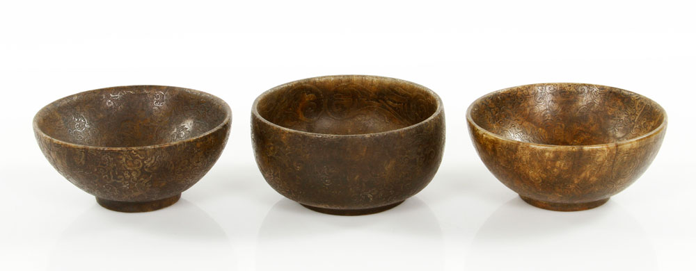 Appraisal: - Chinese Carved Stone Bowls Lot of three Chinese bowls