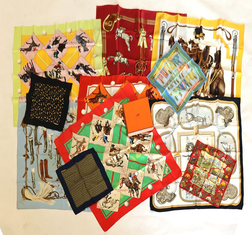 Appraisal: COUTURE Collection of Hermes Silk Scarves Includes an Hermes silk