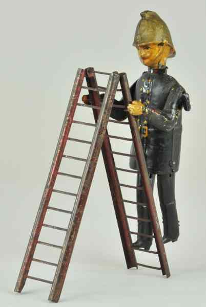 Appraisal: FIREMAN FIGURE ON LADDER Martin France painted tin clockwork features