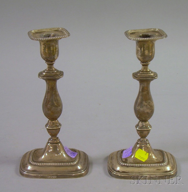 Appraisal: Pair of English Sterling Silver Weighted Tall Candlesticks mid- th