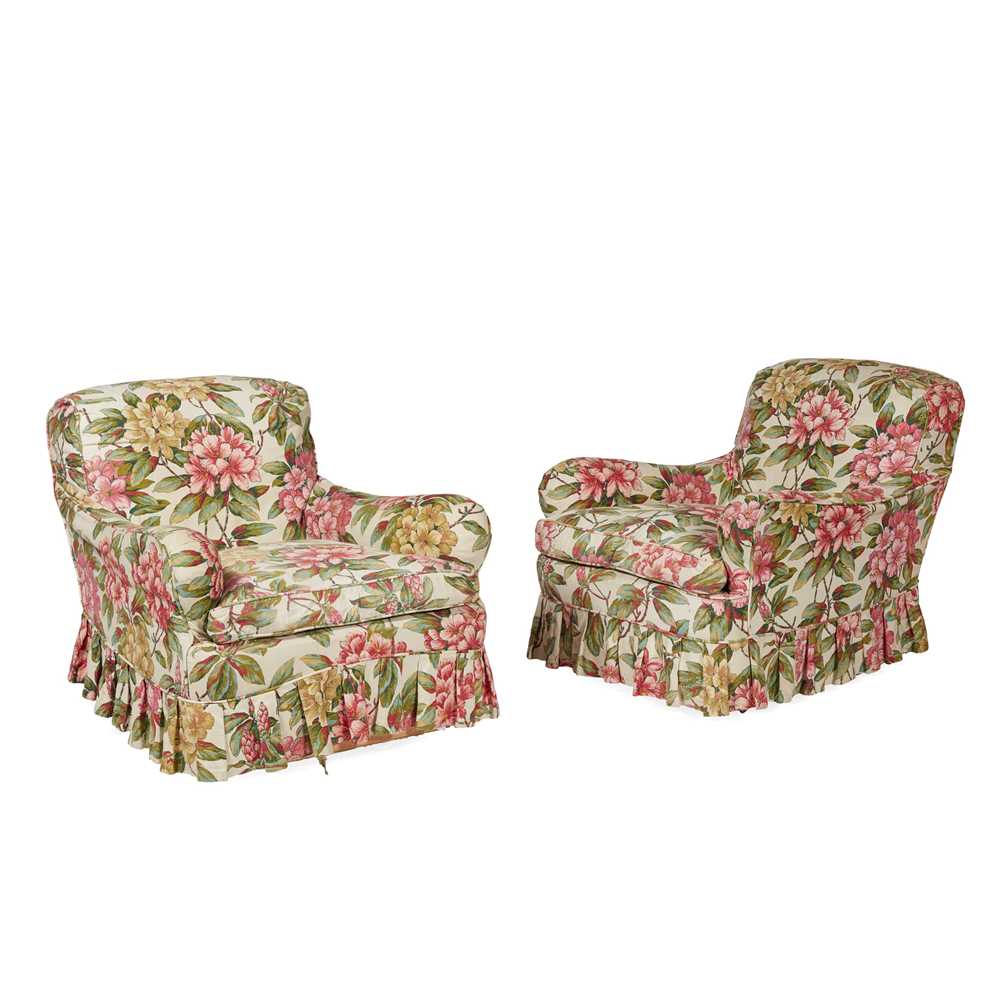 Appraisal: PAIR OF HOWARD STYLE UPHOLSTERED ARMCHAIRS EARLY TH CENTURY with