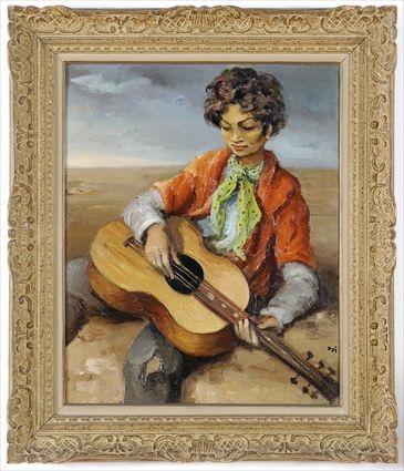 Appraisal: MARCEL DYF - GUITAR PLAYER Oil on canvas relined x