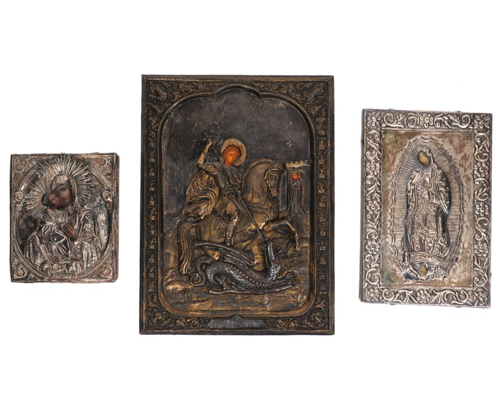 Appraisal: GROUP OF SILVER RUSSIAN ICONS silver Russian icons with repousse