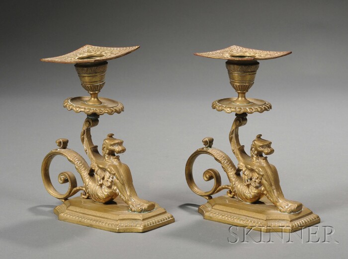 Appraisal: Pair of Griffin Figural Candle Holders Gilt bronze Possibly Handel