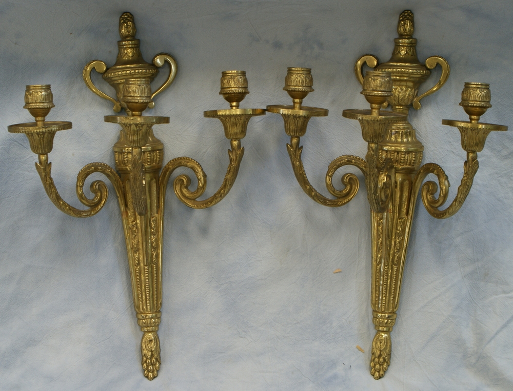 Appraisal: Pr brass arm wall sconces tall th c