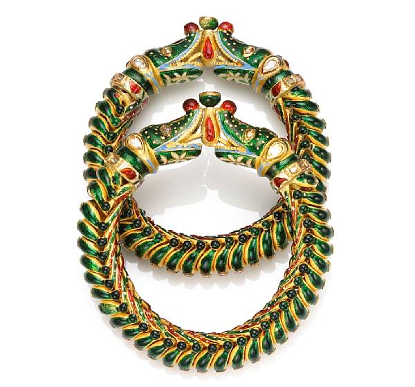 Appraisal: A pair of enamel and diamond Moghul style bangle bracelets