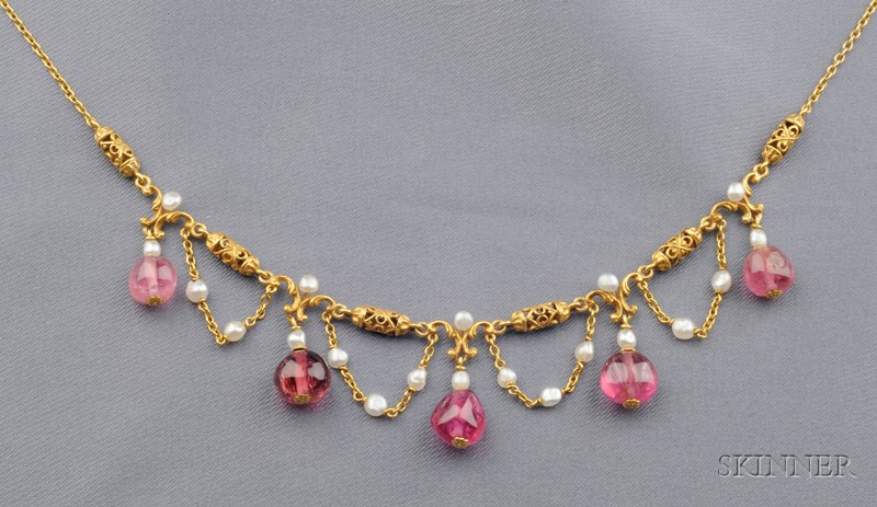 Appraisal: Art Nouveau Pink Tourmaline and Seed Pearl Fringe Necklace designed