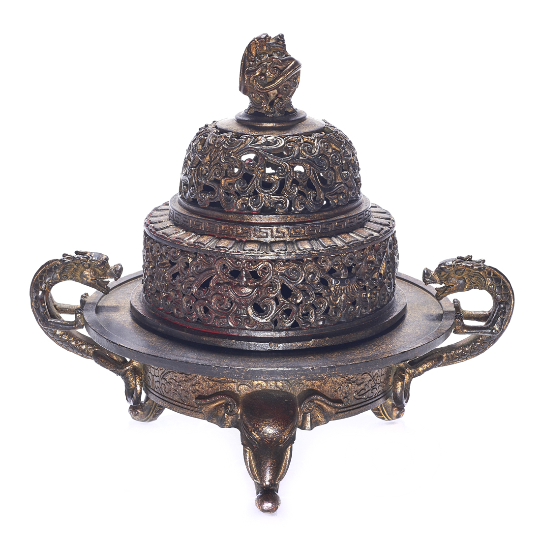 Appraisal: CHINESE GILT-LACQUERED BRONZE LIDDED TRIPOD CENSER Chinese gilt-lacquered bronze lidded