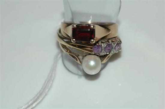 Appraisal: THREE RINGS STAMPED CT GOLD INCLUDING CULTURED PEARL AMETHYST AND