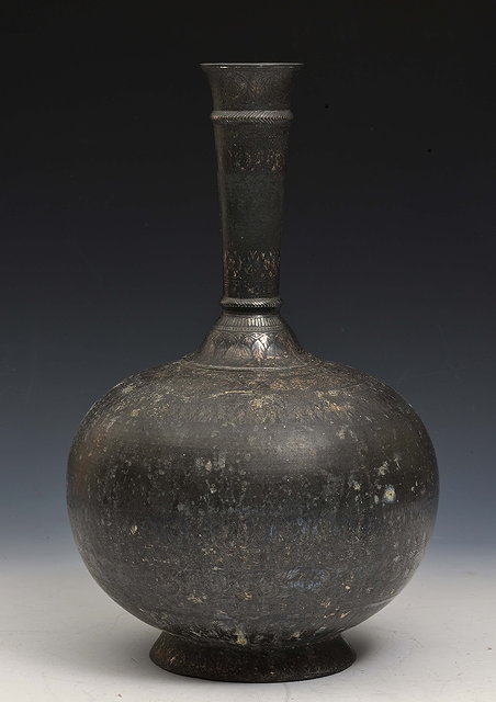 Appraisal: AN INDIAN BIDRI FLASK inlaid with silver probably Bidar Deccan