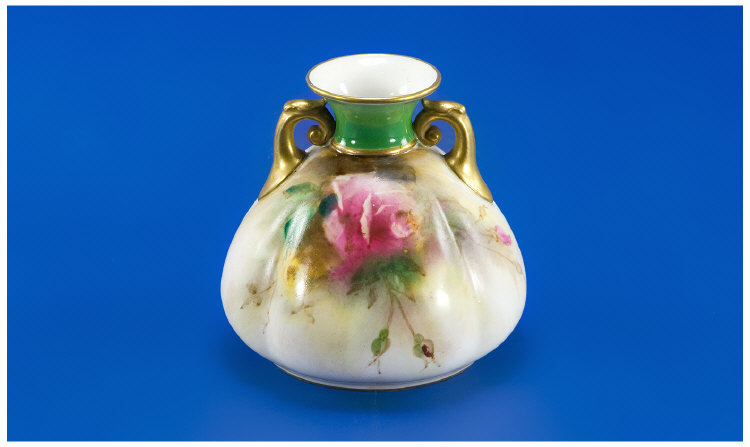 Appraisal: Hadleys Worcester Two Handled Squat Vase Decorated with Roses Hadleys