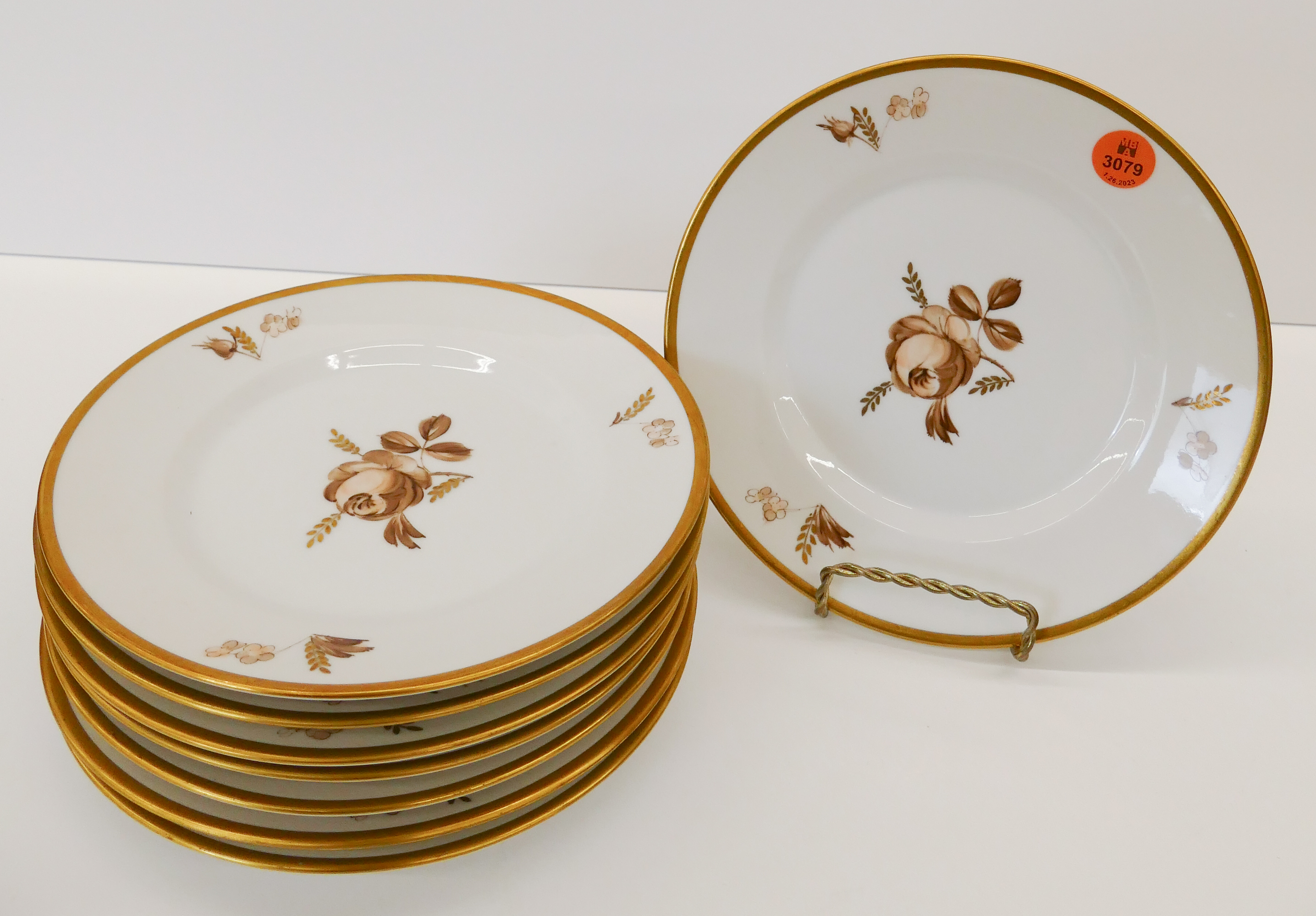 Appraisal: pc Royal Copenhagen Brown Rose Porcelain Salad Plates Gilt decoration