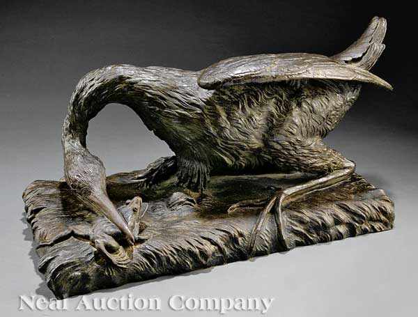 Appraisal: French School late th c Heron Feeding bronze the delicately