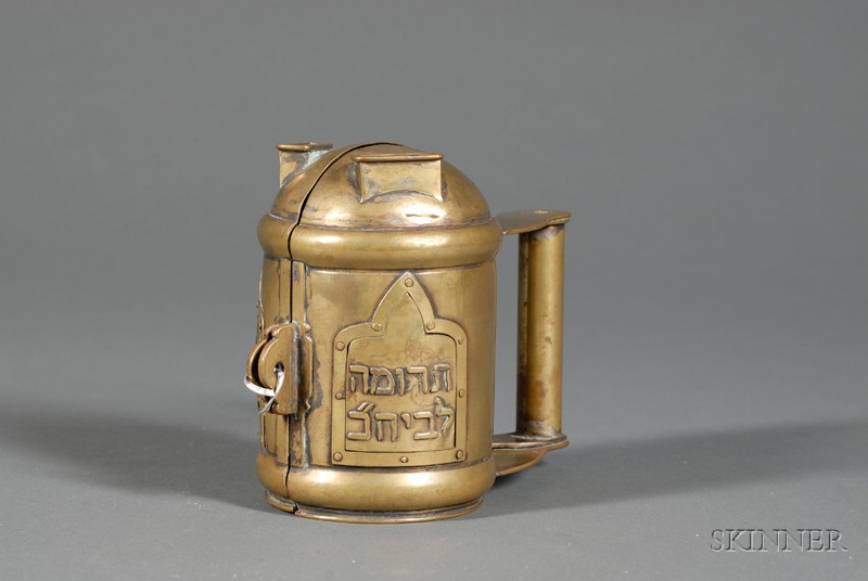 Appraisal: Bronze Charity Container cylindrical hinged form with handle to side