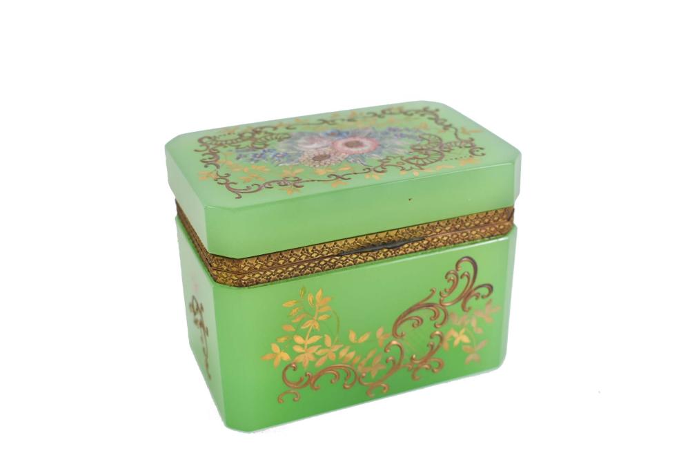 Appraisal: FRENCH FOLIATE PAINTED GREEN OPALINE BOXCirca Rectangular decorated with a