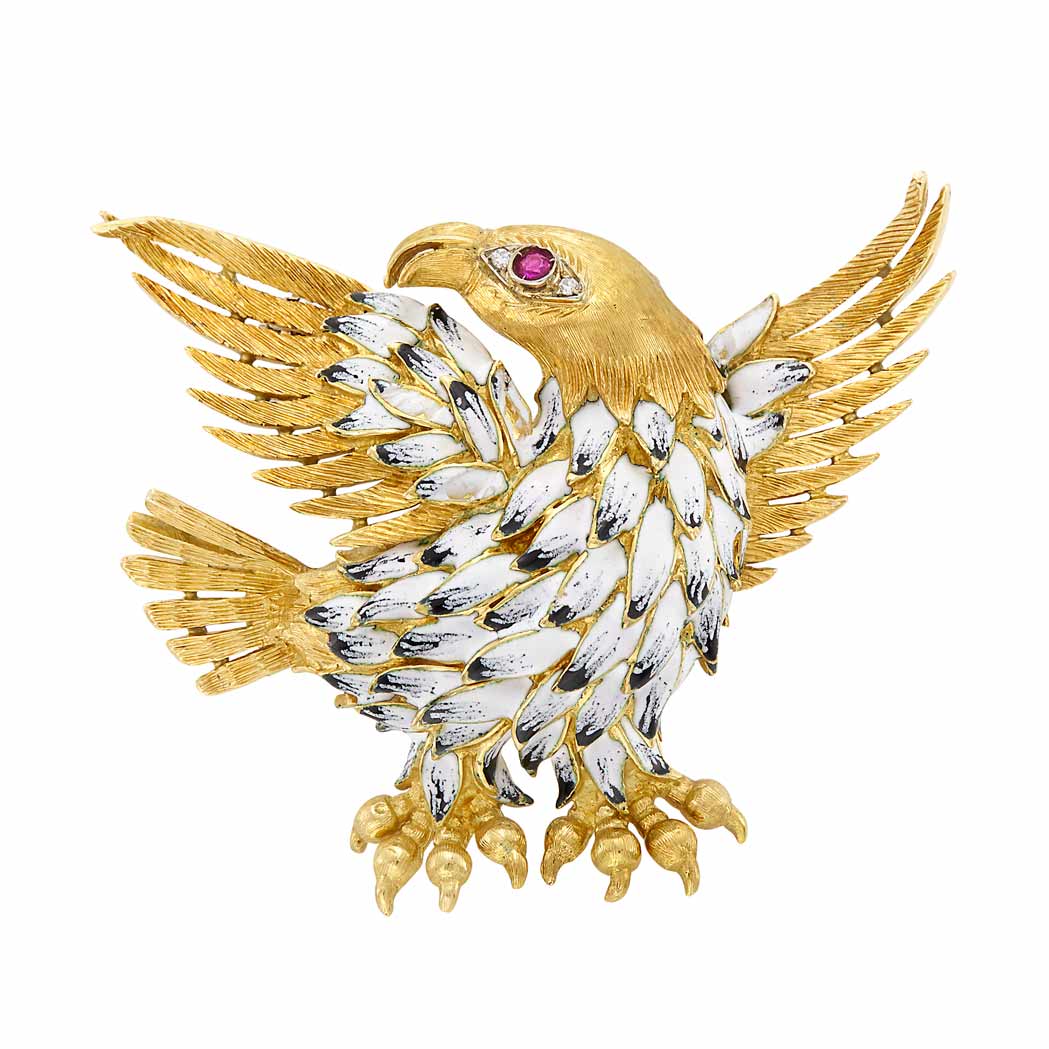 Appraisal: Gold White and Black Enamel Ruby and Diamond Bird Clip-Brooch