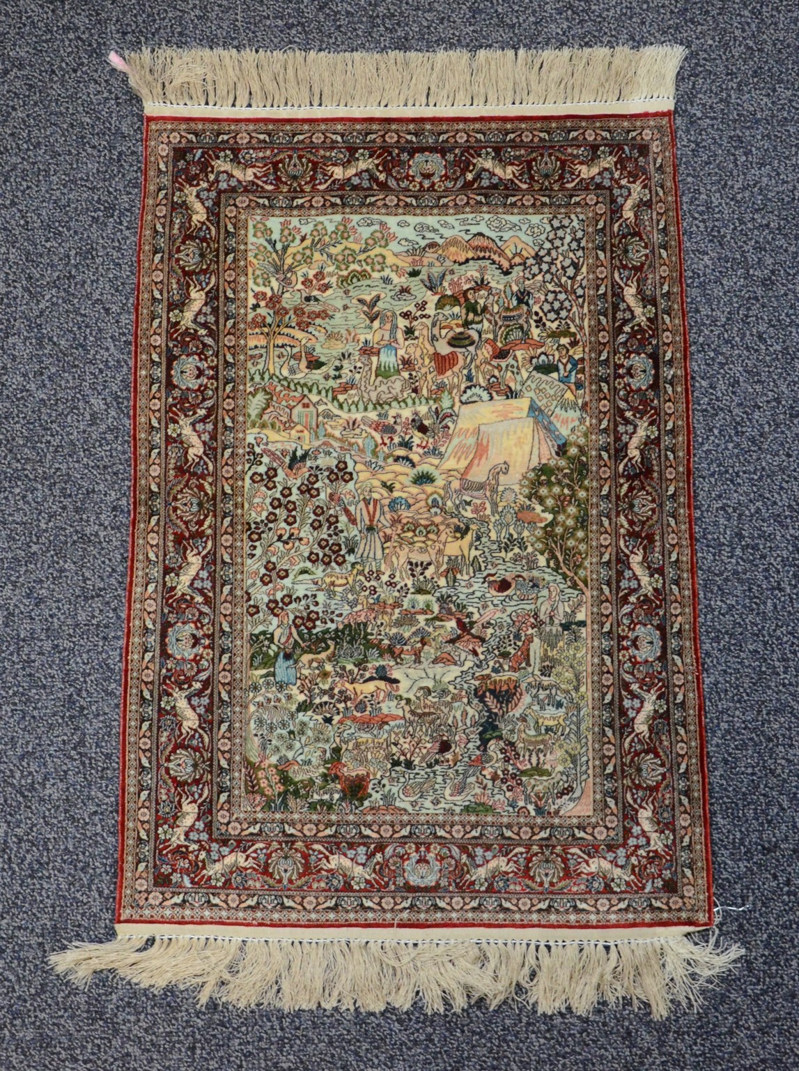 Appraisal: x All silk Sino-Persian carpet depicting an extensive garden scene