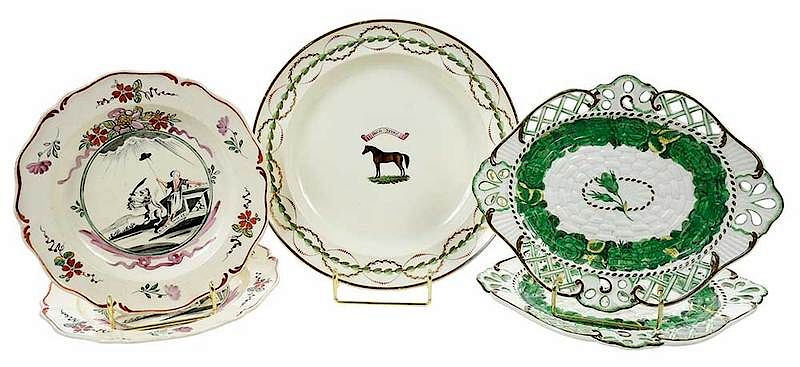 Appraisal: Five Handpainted and Transfer Decorated Plates British Continental probably th