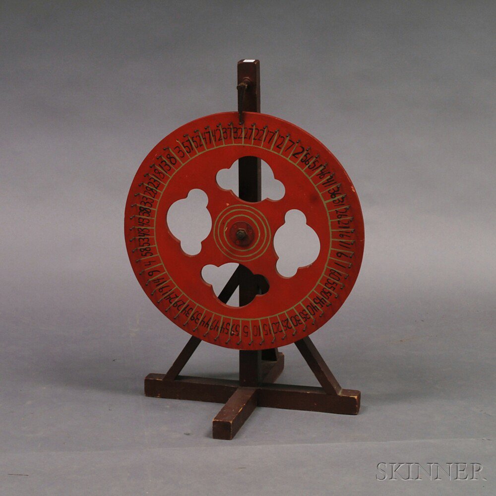 Appraisal: Red-painted Wheel of Chance and Stand th century ht wd