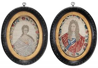 Appraisal: Pair th Century Embroidered Portraits Probably English mid to late