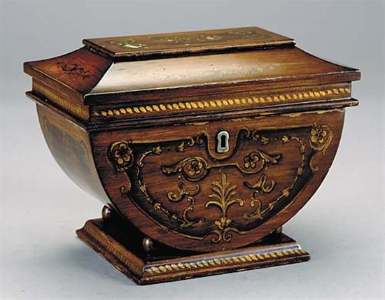 Appraisal: Regency style inlaid mahogany tea caddy th centurycoffin-form body with