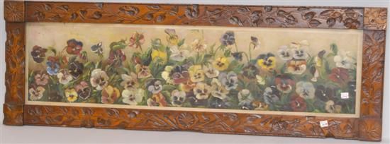 Appraisal: OIL ON PAPER STILL LIFE Depicting pansies in a carved