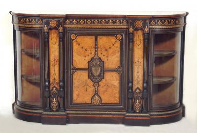 Appraisal: A VICTORIAN EBONISED AND AMBOYNA CREDENZA of D form with