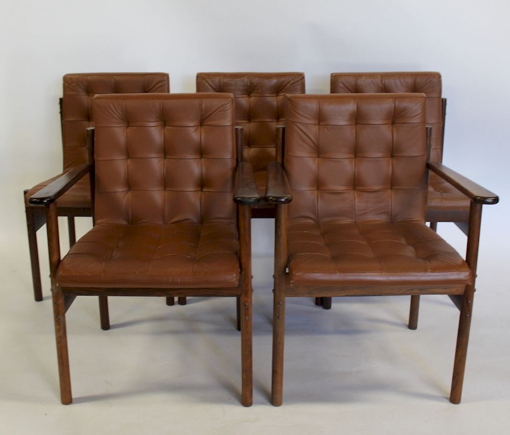 Appraisal: MIDCENTURY Brazilian Rosewood And Leather Upholstered Chairs Arm W x