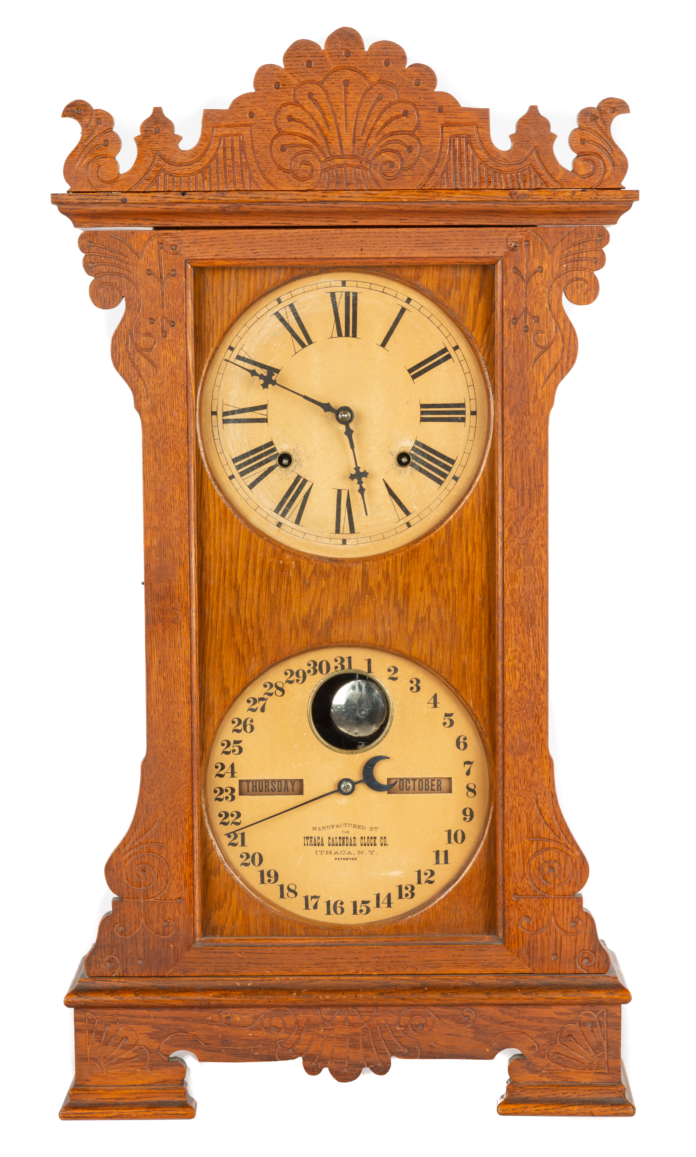 Appraisal: ITHACA CALENDAR CLOCK th century Quarter sawn oak case with