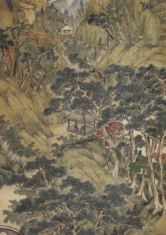 Appraisal: Chinese brush painting showing a mountain landscape with significant blocks