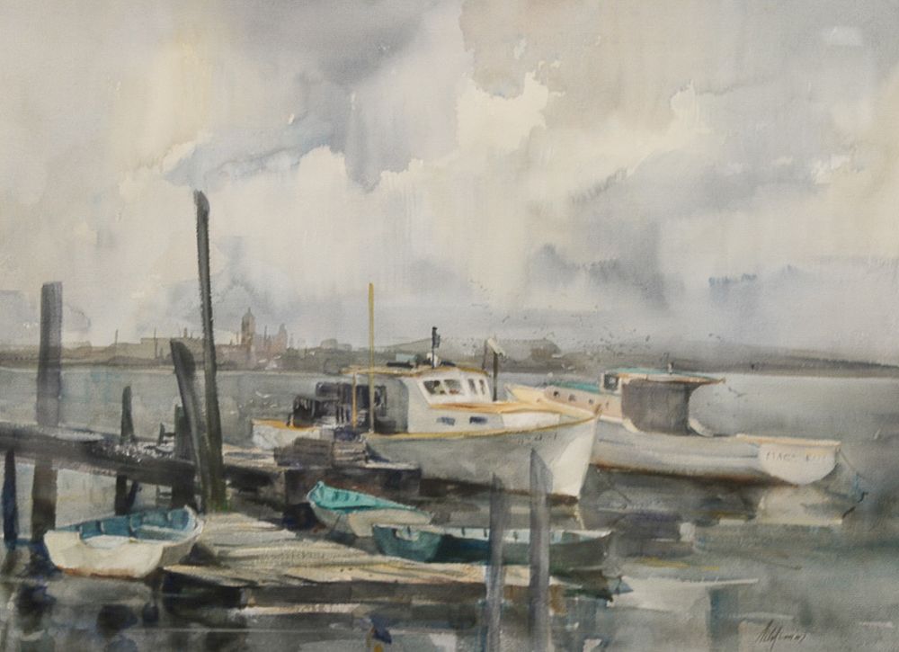 Appraisal: Betty Lou Schlemm b watercolor Coming Rain Rockport Harbor signed