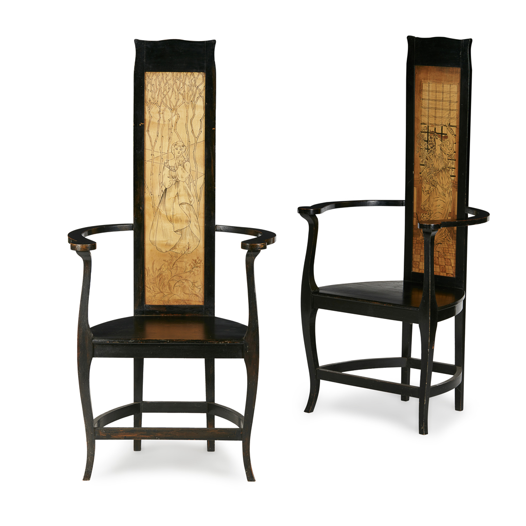 Appraisal: SCOTTISH SCHOOL PAIR OF ARTS CRAFTS EBONISED ARMCHAIRS CIRCA each