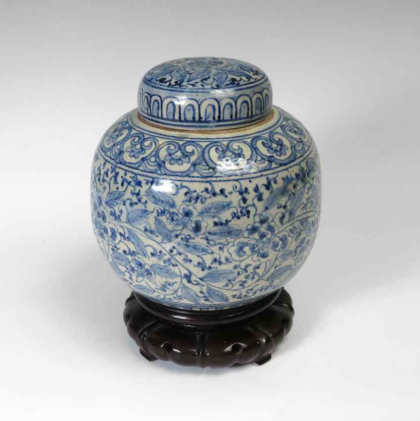 Appraisal: CHINESE BLUE DECORATED COVERED STORAGE JAR Late th to early