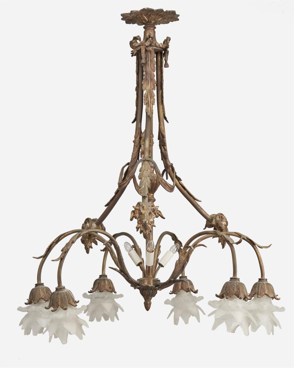 Appraisal: A gilt-bronze chandelier First-quarter th Century The gilt-bronze chandelier with