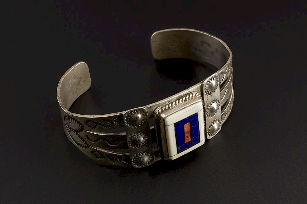 Appraisal: Navajo Inlay Bracelet Navajo Inlay and Hand Stamped Sterling Silver