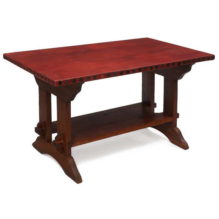 Appraisal: Arts and Crafts library table replaced leather top over a