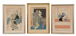 Appraisal: Group of Three Japanese Woodblock Prints Kabuki actor chop seal