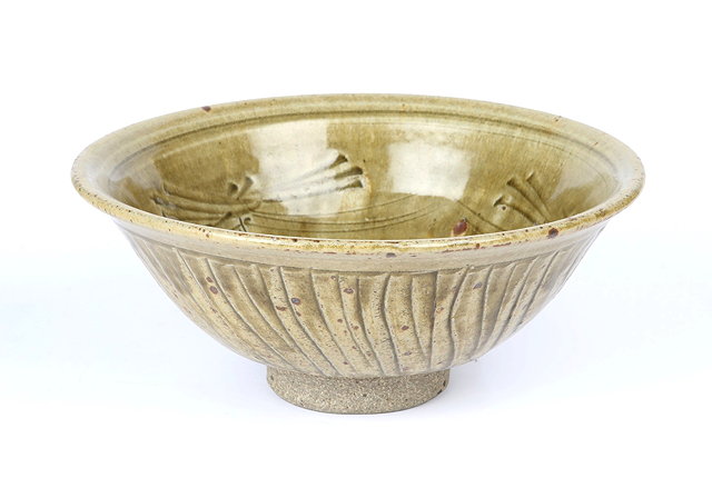 Appraisal: Jim Malone British b Bowlcut sided ash glazeincised foliate motif